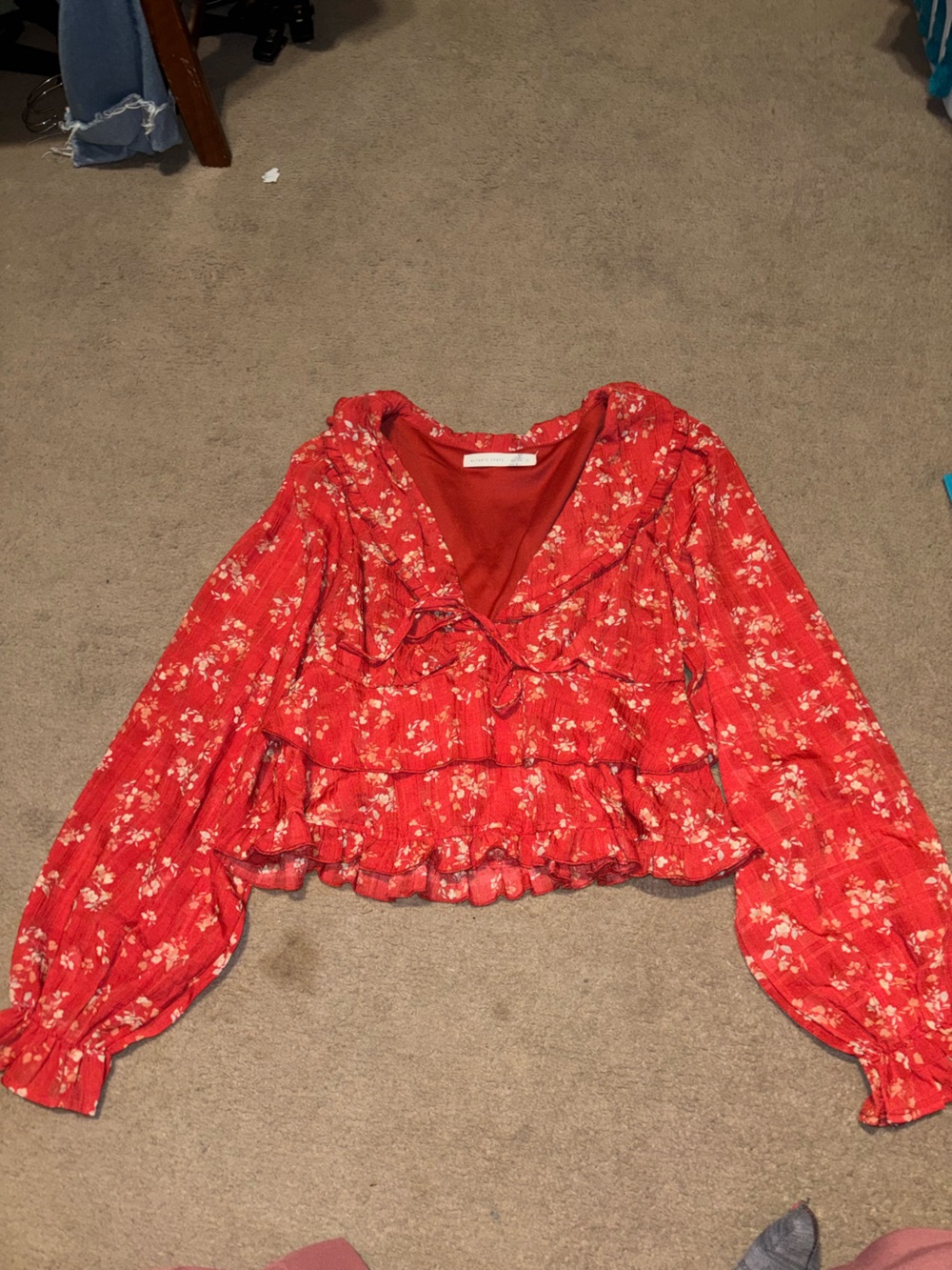Altar'd State Red Floral Ruffle Peplum Blouse